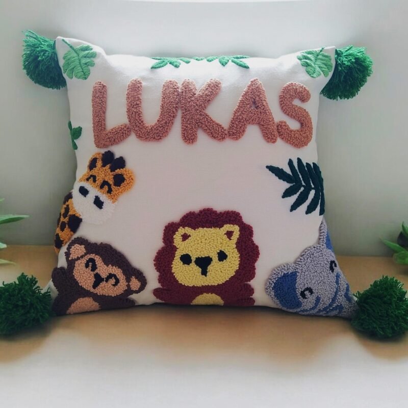 Personalized Safari Theme Pillow – Custom Name Jungle Animal Decor Cushion for Kids