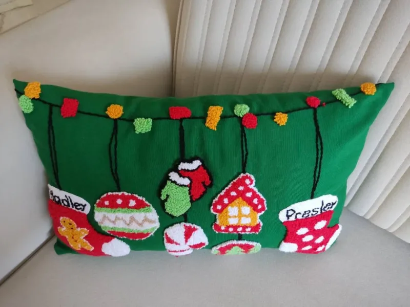 Personalized Christmas Punch Needle Pillow – Custom Embroidered Pillow with Child’s Name | Handmade Christmas Decor Gift for Family - Image 4