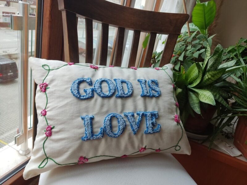 God Is Love Pillow – Punch Needle Handmade Decor