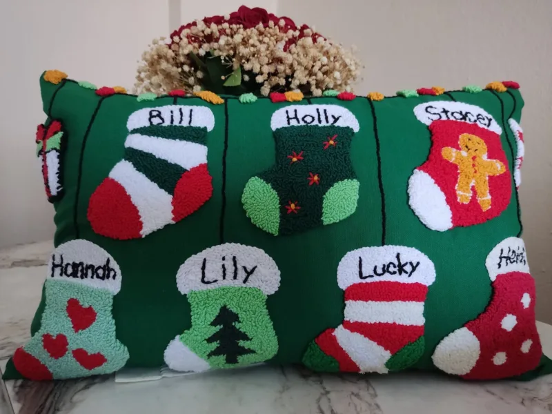 Personalized Christmas Punch Needle Pillow – Custom Embroidered Pillow with Child’s Name | Handmade Christmas Decor Gift for Family - Image 3