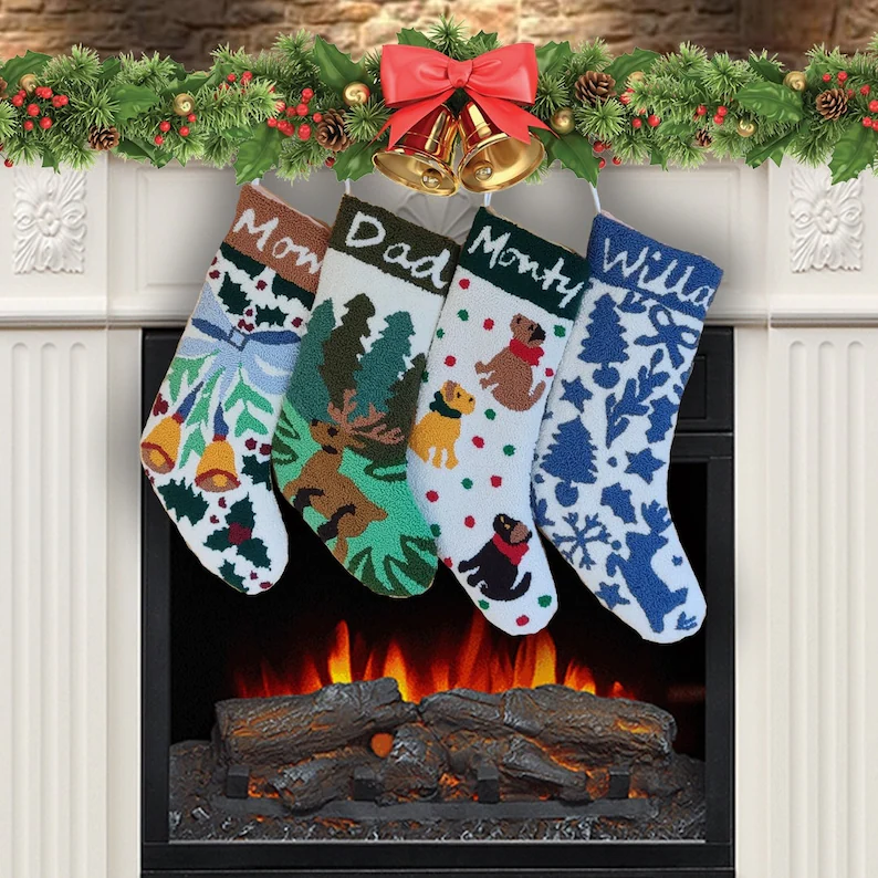 Personalized Christmas Stocking – Punch Needle Embroidered Holiday Stocking, Custom Family Decor